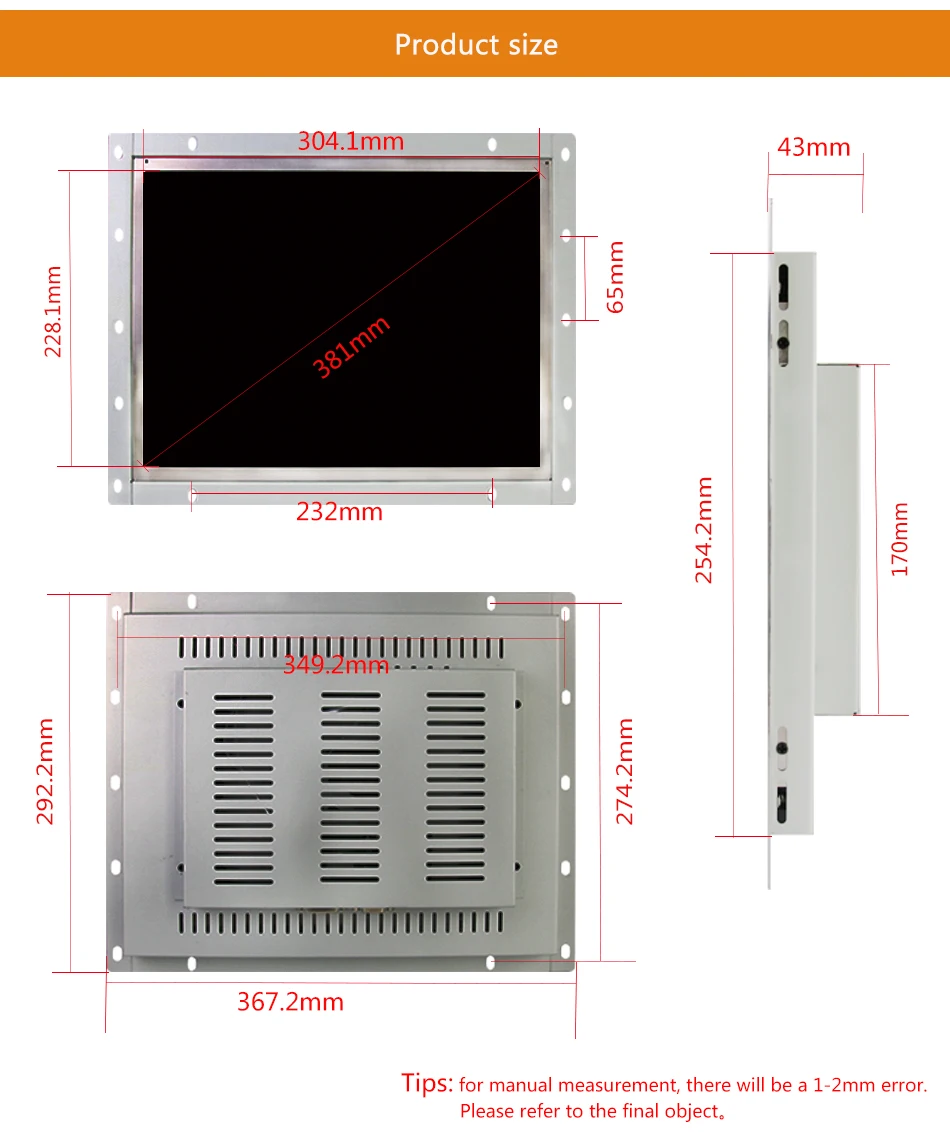 15-дюймовый промышленный Управление ЖК-монитор VGA/Touch USB/DVI Экран Интерфейс Открыть кадр сопротивление Сенсорный экран металлический корпус