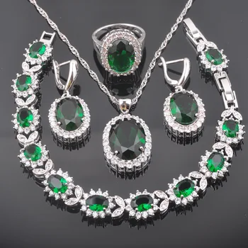 

Classic Oval Green Zirconia Jewelry Sets Silver Color For Women Bracelet Necklace Pendant Earrings Ring Russian Style QS0458