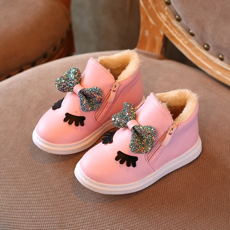 Новые зимние хлопковые ботинки с боковой молнией принцесса обувь лук сапоги детские толстые ботинки