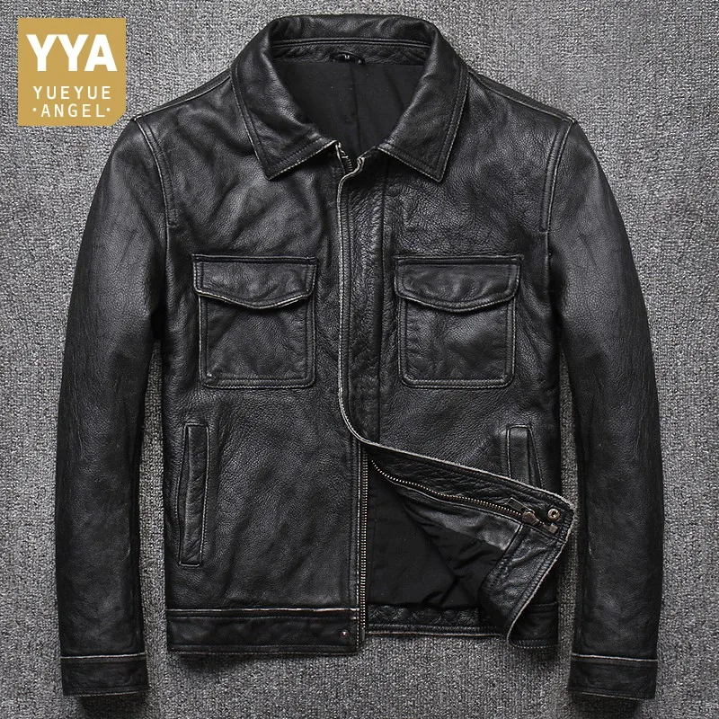 

Black Vintage Genuine Leather Jacket Men 100% Cowhide Motorcycle Jacket Solid Lapel Zipper Real Leather Biker Coat Mens Clothes