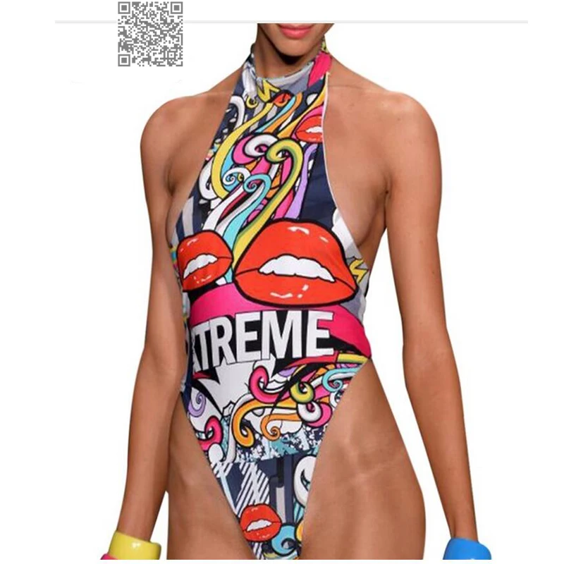 

Red Mouth Thong One Piece Swimwear Women 2017 High Neck Bikini High Leg Monokini Swimsuit Backless Bathing Suit Sexy Swim Suit