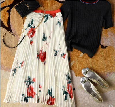 Новая юбка, Ретро стиль, высокая талия, длинные юбки, шифоновая юбка, плиссированная юбка, розовая, весна-лето