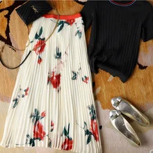 Новая юбка, Ретро стиль, высокая талия, длинные юбки, шифоновая юбка, плиссированная юбка, розовая, весна-лето