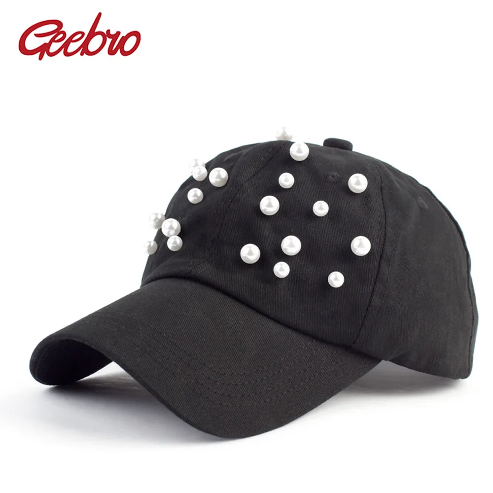 

Geebro Women's Shine Pearl Snapback Baseball Cap Summer Casual Cotton Black Bone Snapback Caps Gorras Hombre GB033