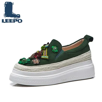

Flat Shoes Women Platform Loafers Lady Beaded Flowers Decoration Platform Flats Woman Luxury Handmade Green Loafers Shoes