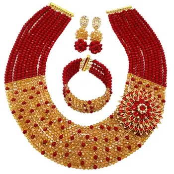 

Fashion Opaque Red Gold AB Crystal Beaded Statement Necklace Nigerian Wedding African Beads Jewelry Set for Women 10C-SZ43