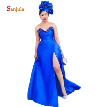 

Royal Blue Sweetheart Evening Dresses 2019 Sexy High Split Satin Floor Length Arabic Women Formal Dresses robe de soiree D791