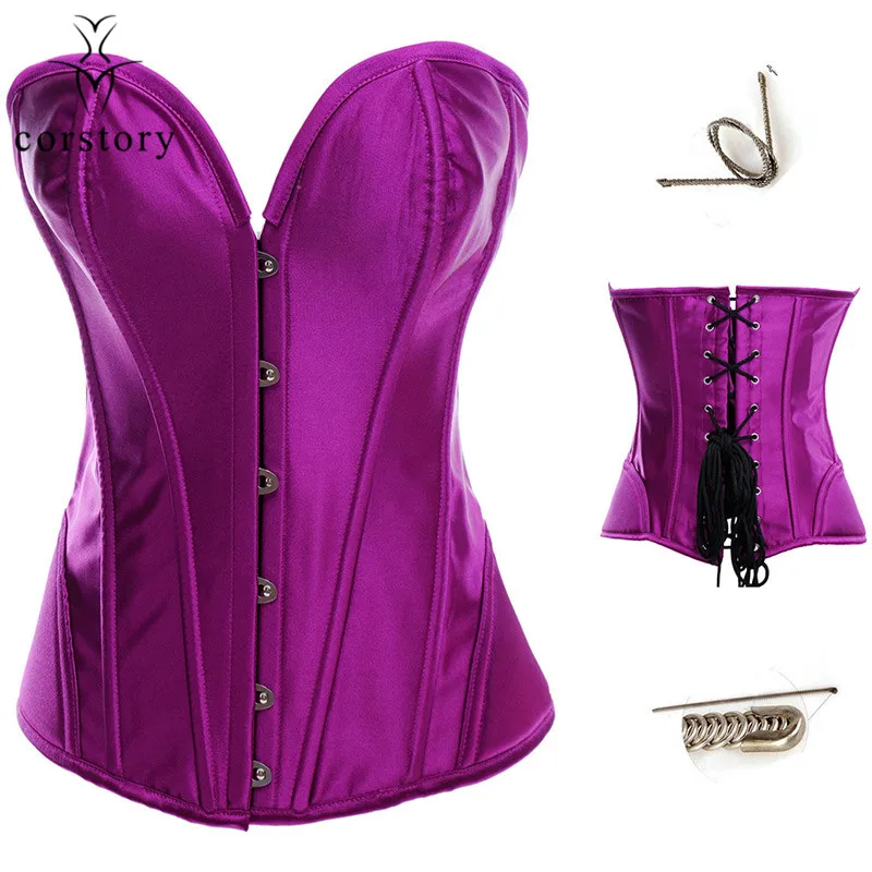 Corstory Purple Satin Overbust Corsets And Bustiers With Front Steel