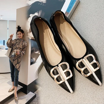 

Women Genuine Leather Flat Shoes Woman Flats Soft Loafers Slip On Point Toe Buckle 2019 New Fashion Spring Autumn Free Shipping