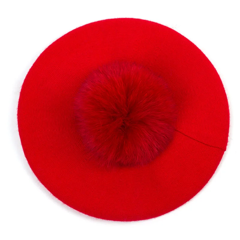 Geebro, женские береты, шапка, зимние, повседневные, вязаные, шерстяные береты с натуральным мехом енота, с помпоном, женские, одноцветные, береты, шапки GS109 - Цвет: Red B