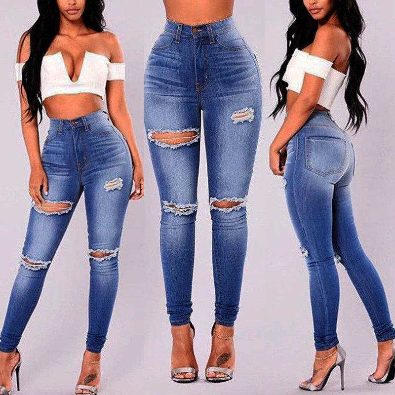 

Helisopus Women Fashion Stretch Hole Ripped Jeans Vintage High Waist Pants Women Denim Skinny Pants Femme Casual Pencil Trousers