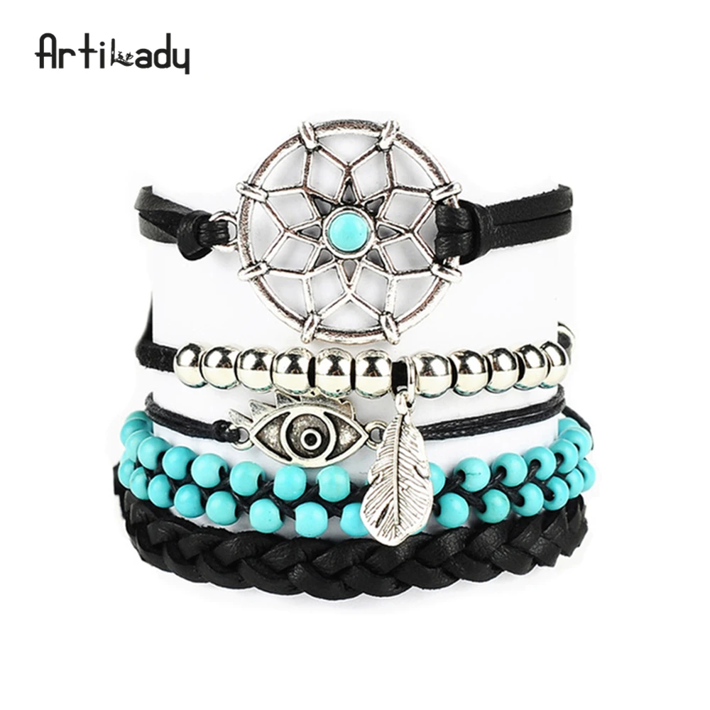 

leather bracelets set 5pcs vintage stone beads dreamcatcher bracelet handcraft bangles for women jewelry