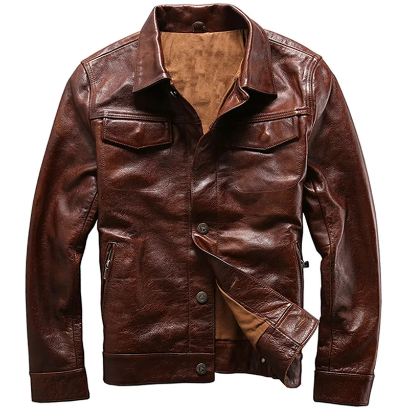 

2019 Brown Men Slim Fit Casual Leather Jacket Single Breasted Plus Size XXXL Spring Russian Genuine Sheepskin Coat FREE SHIPPING