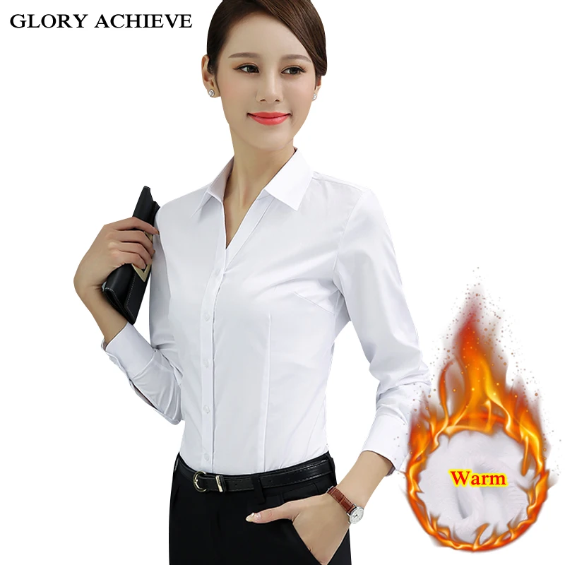 

Fashion Woman Blouses 2018 Winter Plus Velvet Blouse Shirts Korean Style V Neck Long Sleeve Warm Office Lady Shirt Clothes
