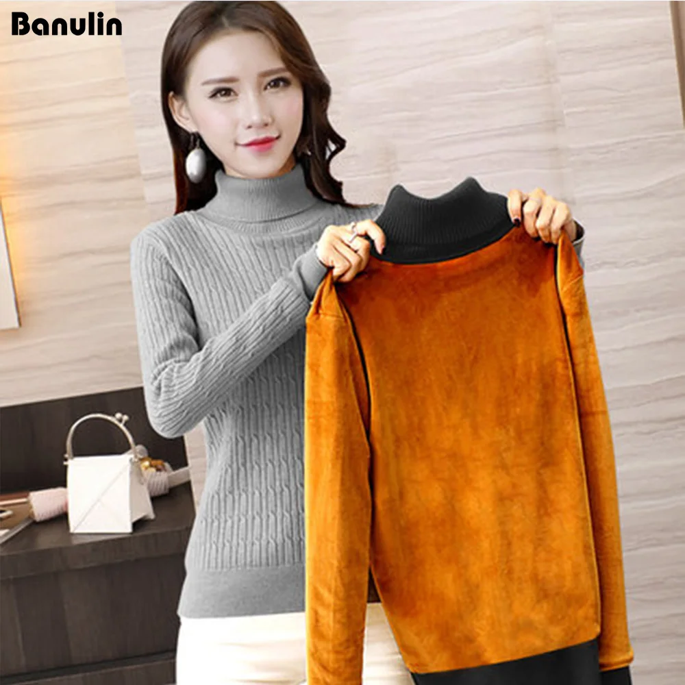 2018 Winter plus Thick Velvet knit sweater Velvet lining warm Pullover High-necked Sweater female Thick Turtleneck sweater Sweaters
