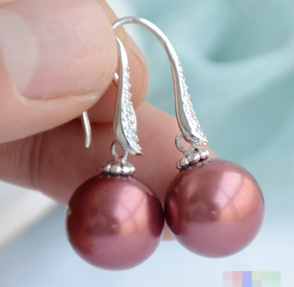 

hot sell new - -hot 12239 WINE RED ROUND SOUTH SEA SHELL PEARL DANGLE EARRING