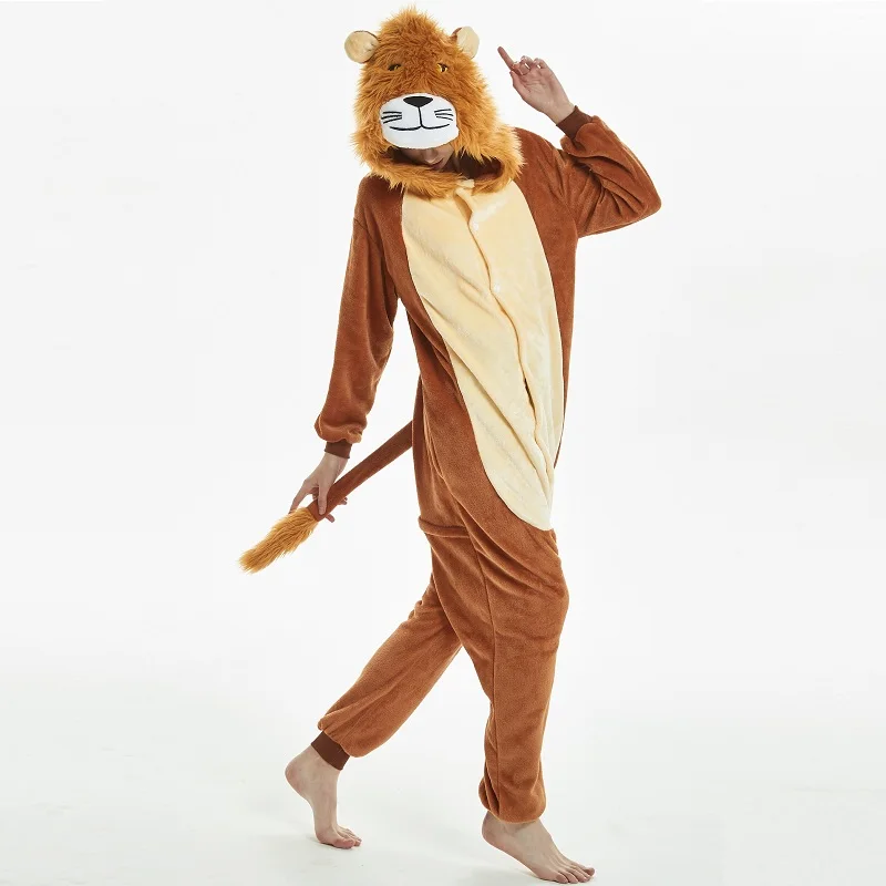 Кигуруми Лев длинный рукав с капюшоном Onesie Мужчины Женщины фланель для взрослых