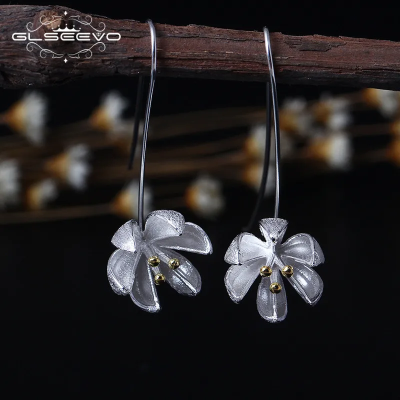 

GLSEEVO 925 Sterling Silver Women's Earrings Ethnic Grapefruit Flower Drop Earrings Handmade Fine Jewelry Brincos 2018 GE0343