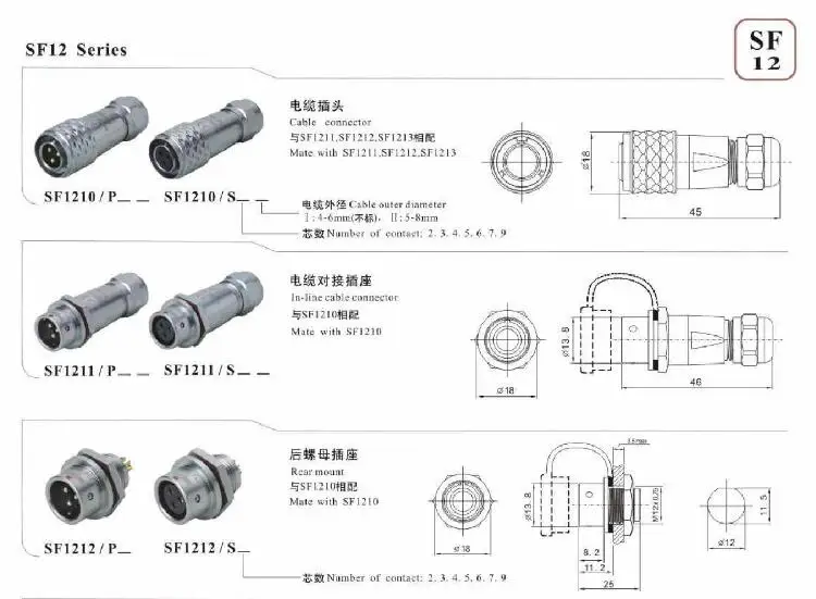 SF12 Водонепроницаемый Metal 2/3/4/5/6/7/9 Pin двухтактный IP67 12 мм шасси Панель крепление авиации Подключите разъем кабеля