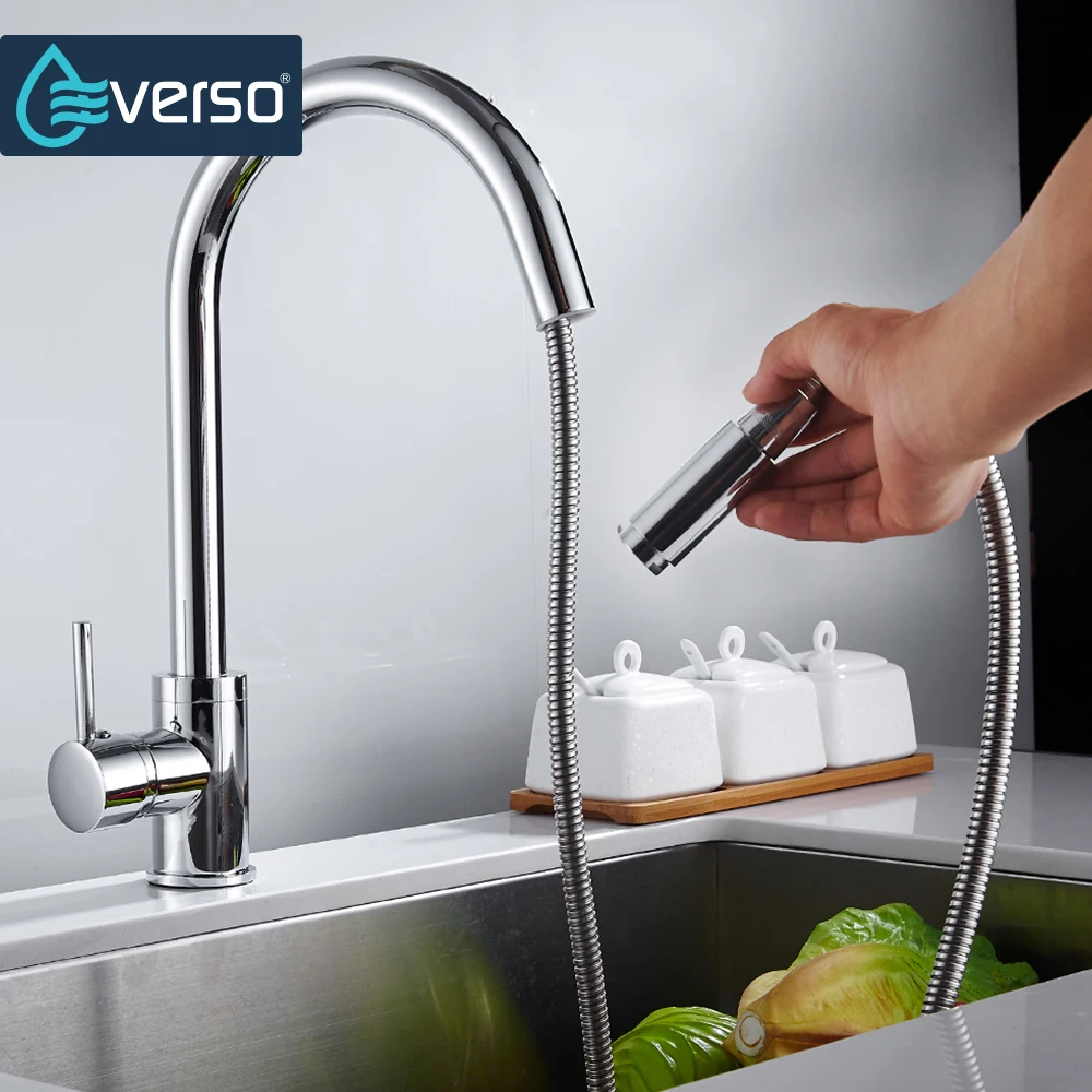 EVERSO Kitchen Faucet Pull Out Brass 360 Rotate Kitchen Sink Faucet with Spray Kitchen Tap Sink