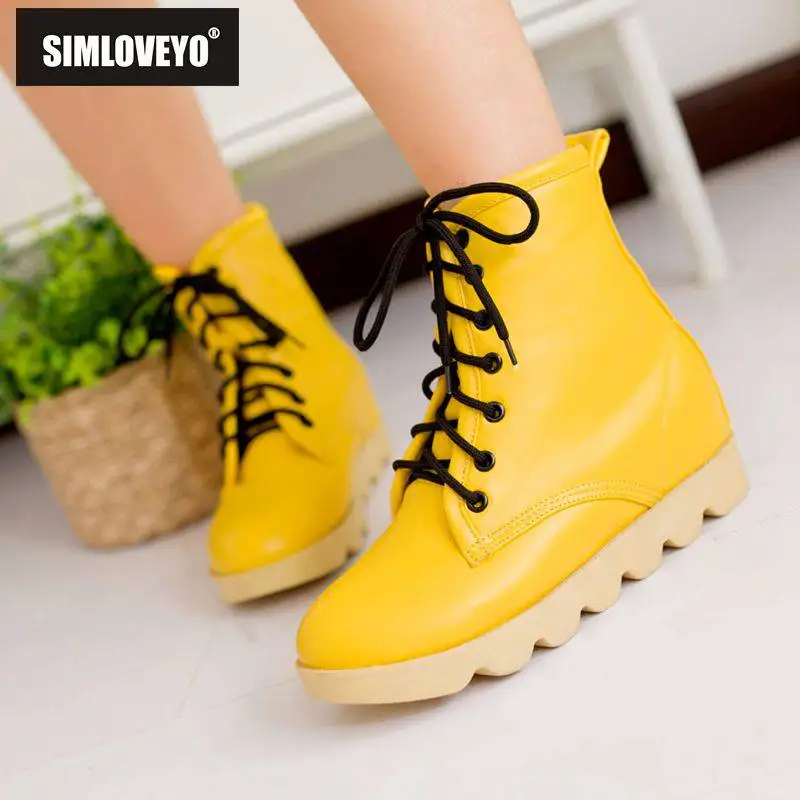 

SIMLOVEYO Winter Candy color Flat boots Lace up Round toe Non-slip Leather Pink Yellow Booties feminino size 40 Platform B1472