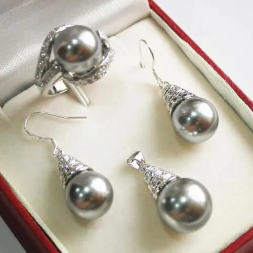 

12mm Grey Shell Pearl Pendant Necklace Earrings Ring Set AAA style Fine Noble real Natural free shipping