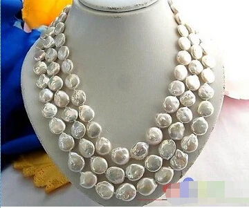

Free shipping@@@@@ P947 3ROW 14MM WHITE COIN FRESHWATER CULTURED PEARL NECKLACE