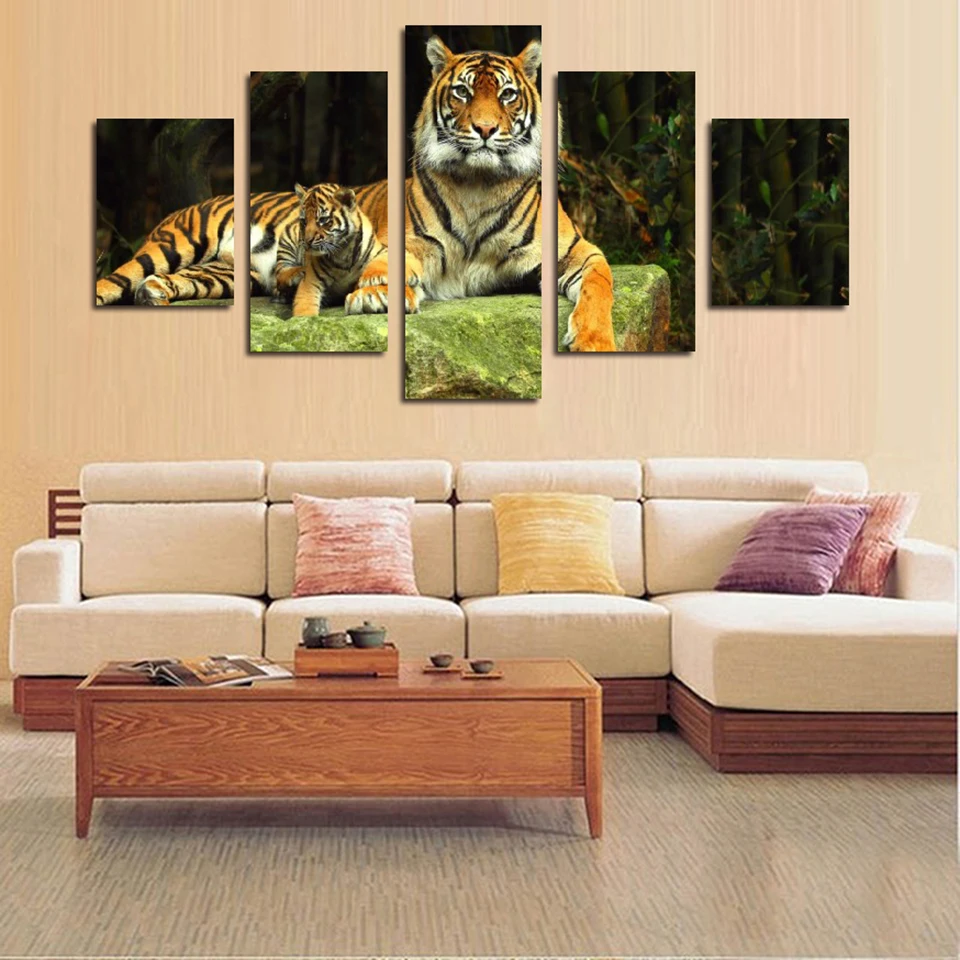 Модульные Плакаты для украшения 5 панель Два тигра Художественная Картина на холсте настенная рамка для дома гостиная HD Печать современная картина с животными