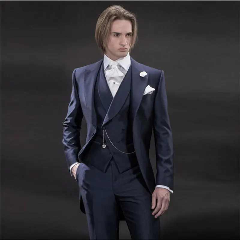 

Navy Blue Tailcoat Long Jacket Men Suits Wedding Groom Tuxedos 3Piece Costume Homme Slim Fit Terno Masculino Formal Man Suits