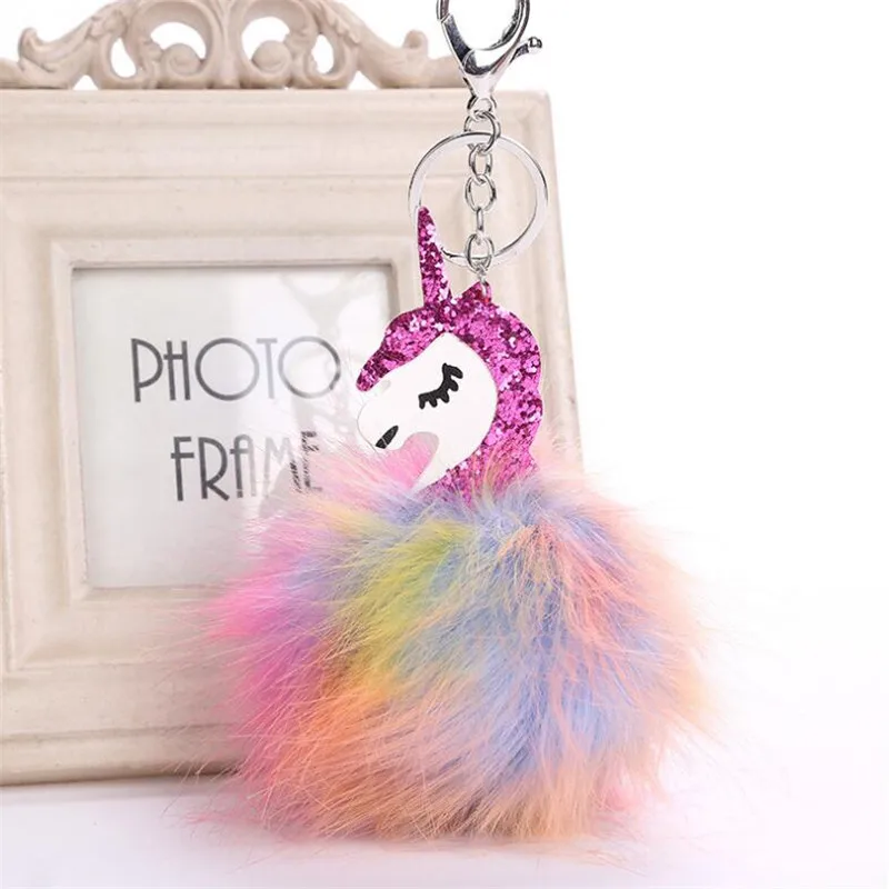 Fashion Unicorn Fur Pompon Ball Keychain For Women Multicolor Mix Keys Chains Rainbow Animal Puffy Fur Car Key Rings Unicorn
