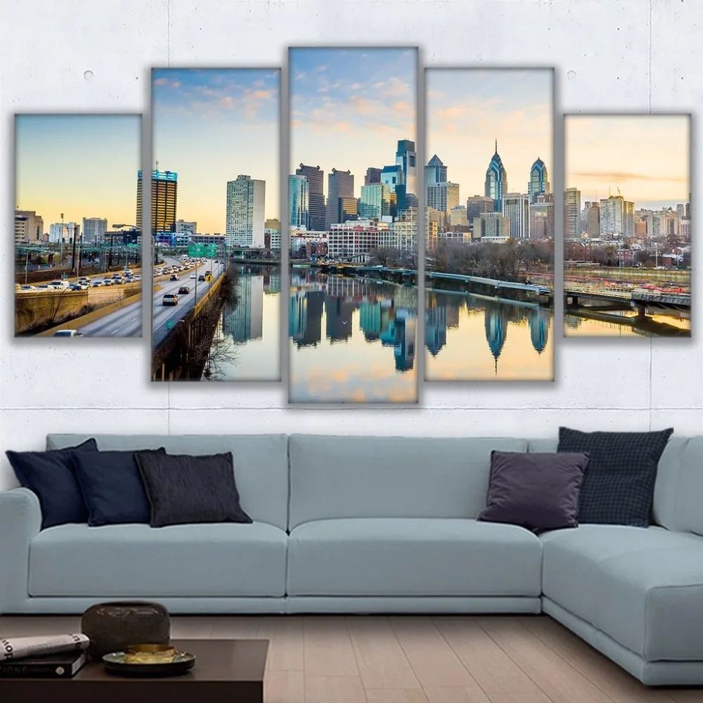 

Modular Pictures Home Wall Art Framework HD Prints Poster 5 Piece Philadelphia Riverfront Landscape Canvas Painting Decor PENGDA
