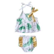 Детские купальники для девочек полиэстер Двойка купальный костюм бикини Пляжная летняя с цветочным принтом купальные костюмы с бантом комплект K417