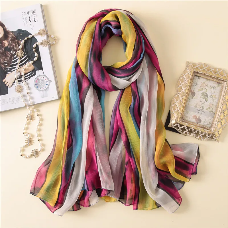 Новая весенняя цветная полосатая шелковая шифоновая шаль-платок, модный роскошный брендовый высококачественный платок с принтом, хиджаб, шейный платок 170*140 см