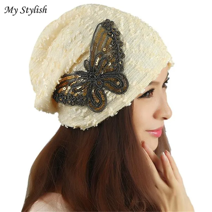 

2017 New Modern Women's Winter hat Lace Butterfly Beanie Lady Skullies Turban Cap High Quality Fashion Accessories Dec 22