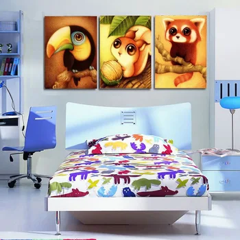 

3 pieces modern handmade painting squirrel, parrot and wildcat on oil canvas for child room decor and wallpaper