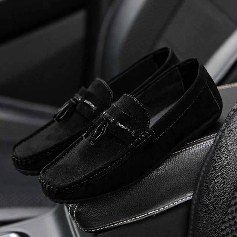 Men Leather Shoes Suede Loafers Shoes Breathable Soft Round Head Flat Slip-On Outdoor Moccasins Peas Casual Shoes Driving Shoes (22)
