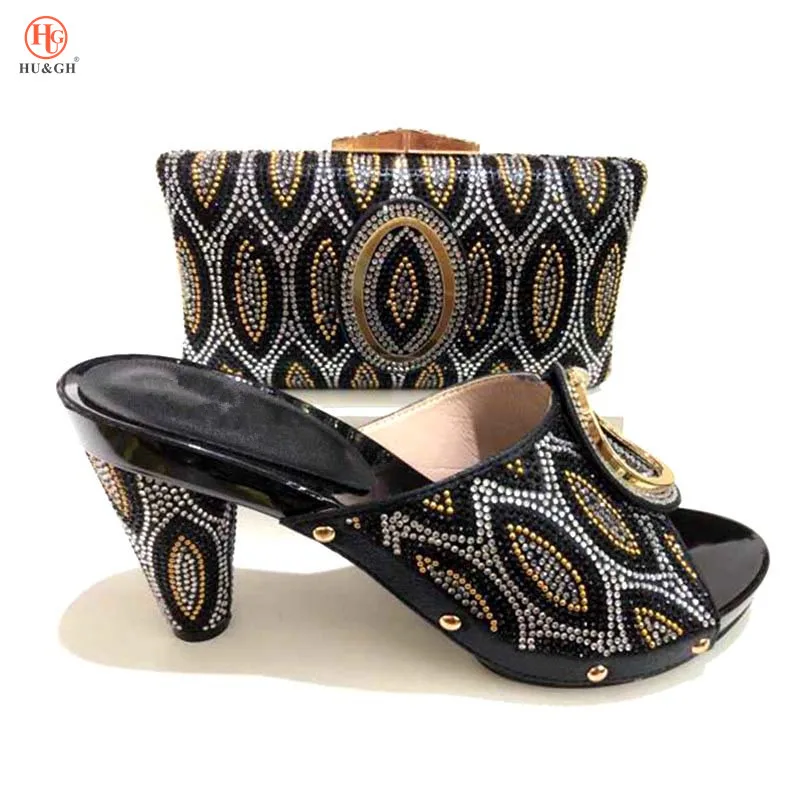 

Black Italian Shoes with Matching Bags High heels African Shoe and Bag Set Decorated with Rhinestone Matching Shoes and Bag Set