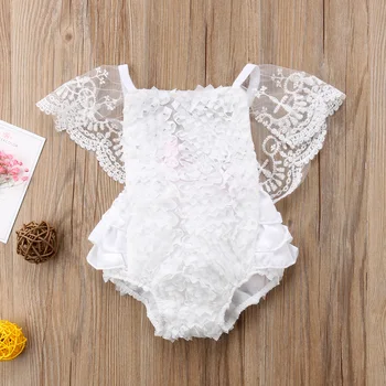 

Solid Lace Short sleeve Ruffled Rompers For Baby Girl