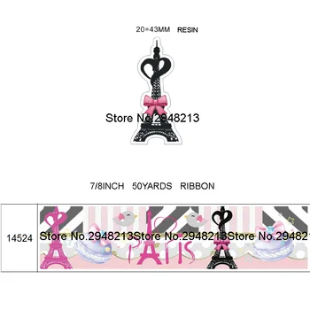 

printed cartoon Eiffel grosgrain ribbon and resin sets 7/8inch 50yard ribbon and 50pcs resin 1 sets REB232