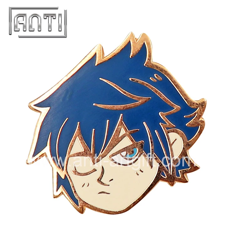 

Custom hard enamel lapel pin cute quiet boy with blue hair high quality badge