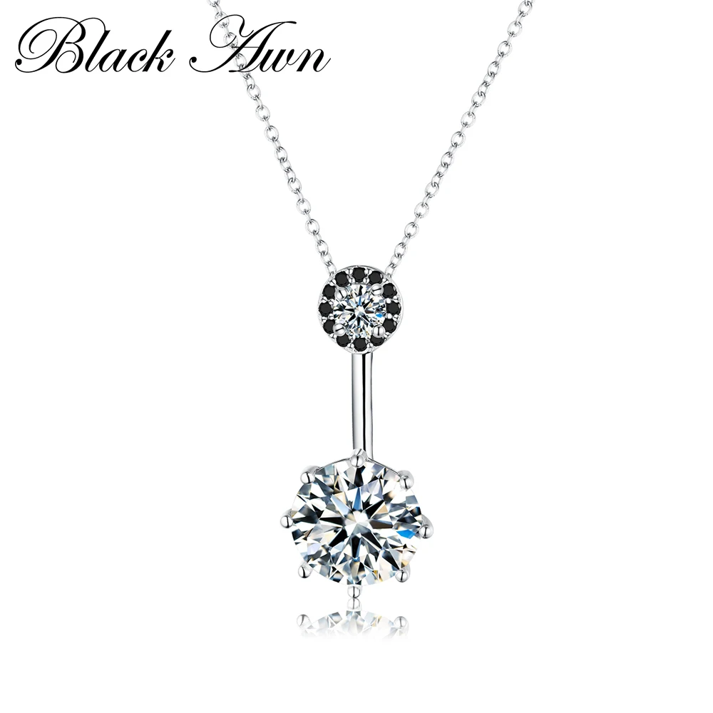 

BLACK AWN Fine Jewelry Genuine 925 Sterling Silver Trendy Black&White Stone Necklaces Pendants for Women PP002