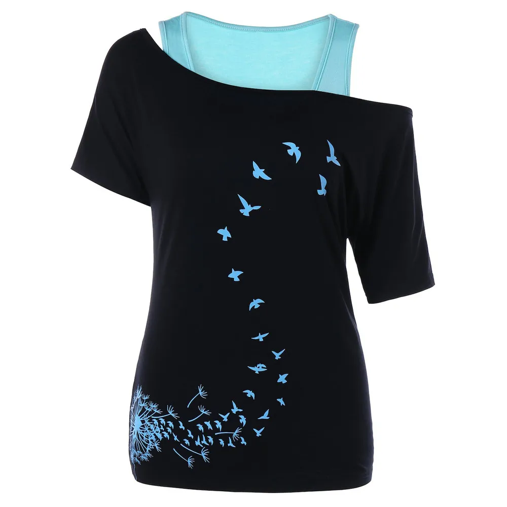 Летняя женская повседневная Сексуальная футболка с открытыми плечами и круглым вырезом, футболка с принтом одуванчиков и открытыми плечами+ одноцветные Топы L0419 - Цвет: Black