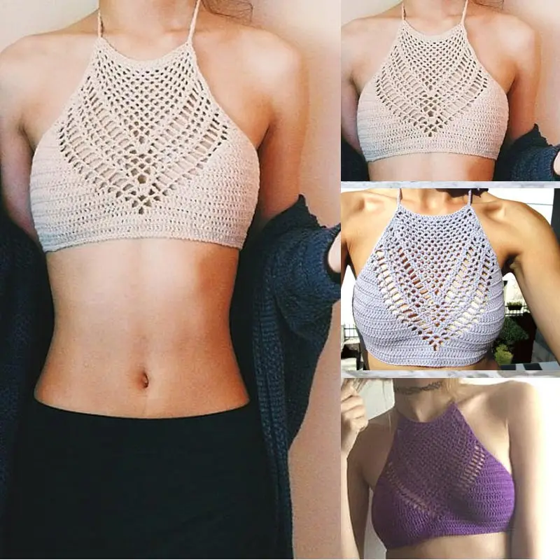 

Top Quality Summer Crochet Bikinis Hand-Knitted Sexy Micro Swimsuits Halter Crop Top Bandage Beachwear Female Backless Bra New