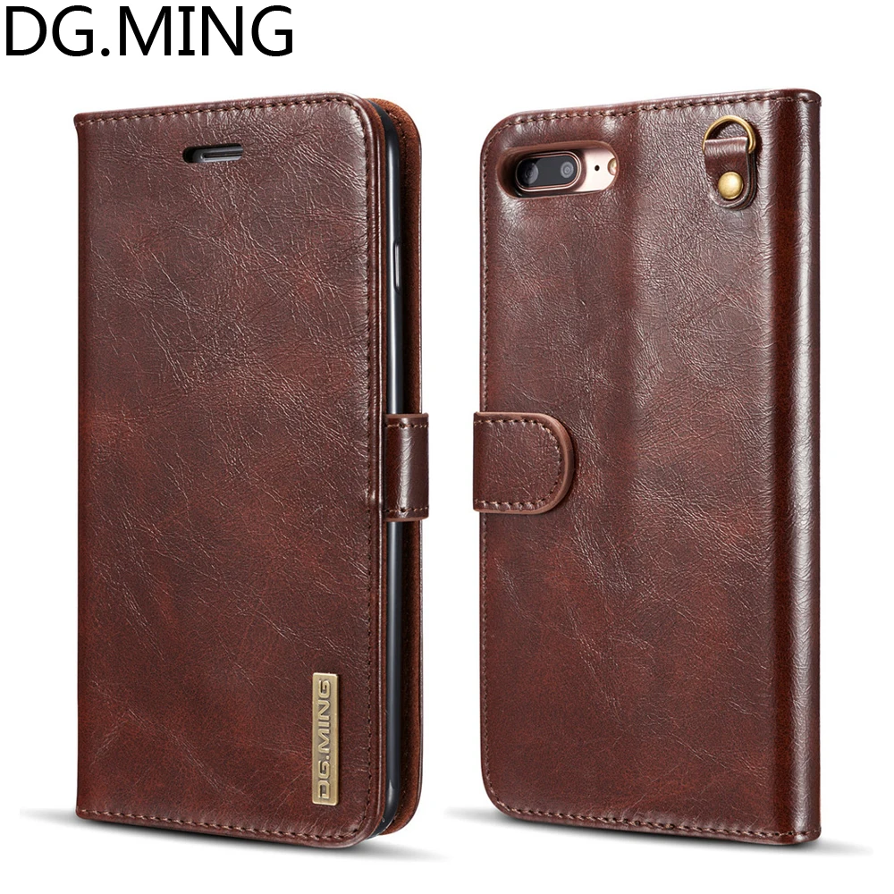 

DG.MING With Lanyard Phone Bags Cover for iPhone 7 8 Plus Case 8plus 7plus Genuine Leather Case Magnetic TPU Frame Back Cover