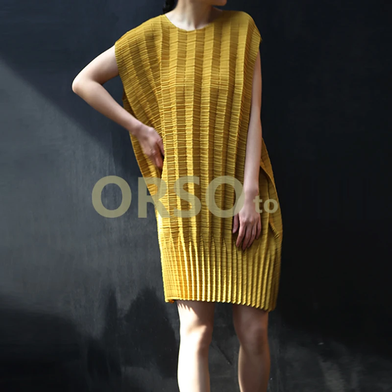 Very Cheap y64LD Changpleat 2019 Summer New Women Loose Dress Miyak Pleated Fashion Design Short sleeve O neck Solid Large Size Female Dress Tide