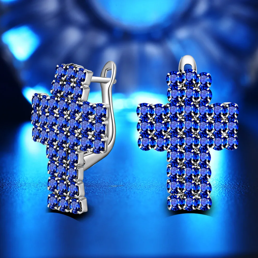 

Fashion White/Blue-color Stud Earrings for Women Earing Crystal CZ Zircon Cross Simple Statement Wedding Ball Jewelry