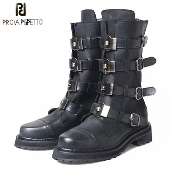 

Prova Perfetto Genuine Leather Cool Punk Martin Women Boots Metal Decoration Belt Buckle Short Boots Low Heel Ladies Knight Boot