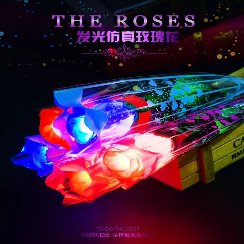 빛나는 장미 꽃 발렌타인데이 로맨스 선물 장미 램프 에뮬레이션 꽃 꽃다발, 발광 장난감 A019