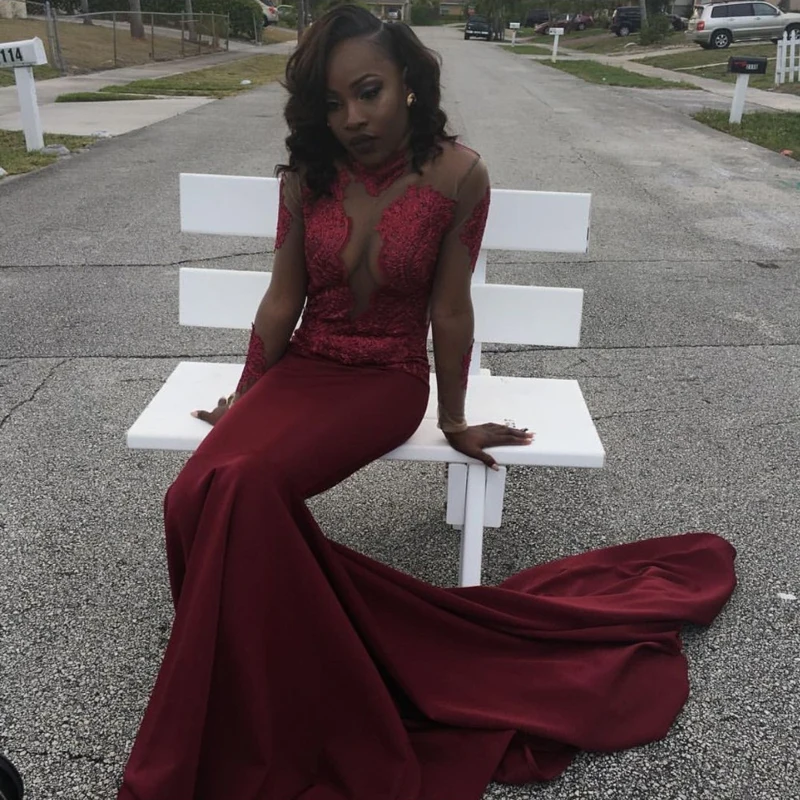 Sexy-Sheer-Burgundy-Long-Sleeve-Prom-Dresses-2017-Black-Girls-African-High-Neck-Lace-Appliques-Mermaid