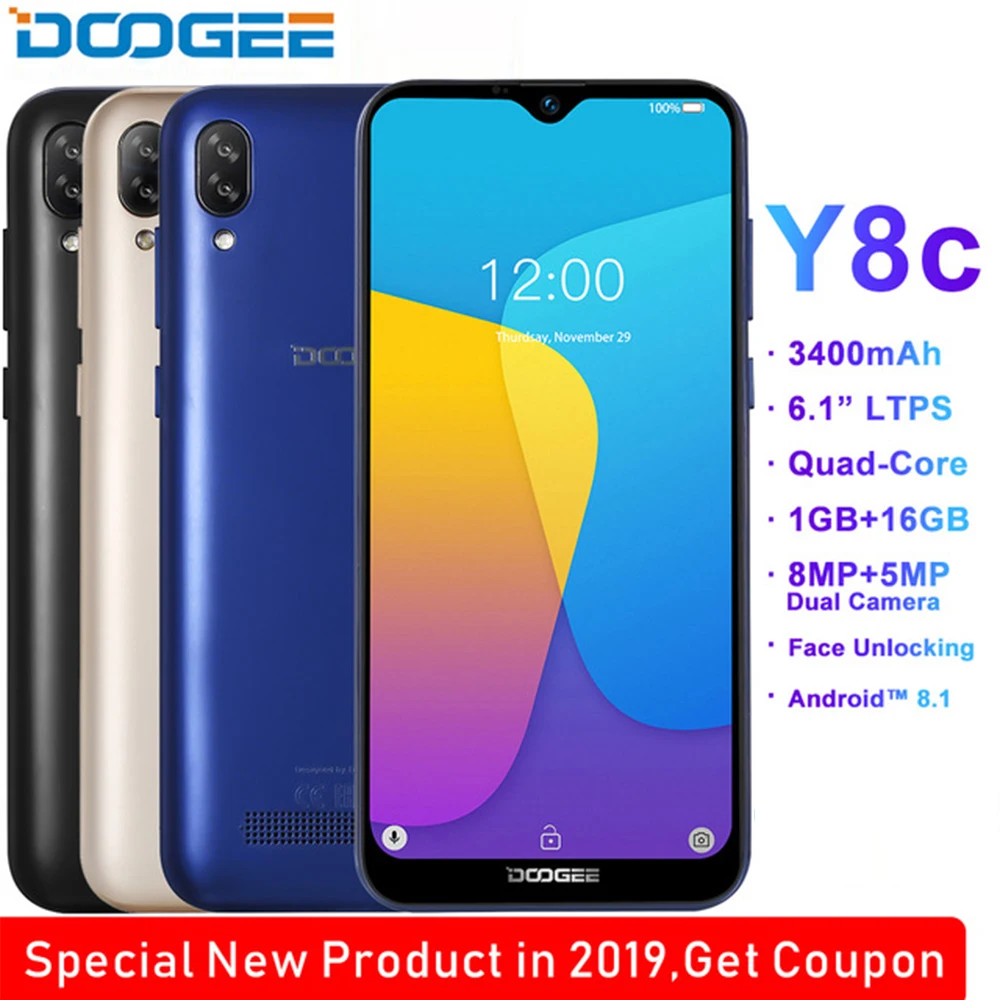 DOOGEE Y8c смартфон с 6 1 дюймовым дисплеем процессором 19:9 ОЗУ ГБ ПЗУ 16 3400 мАч 8 Мп + 5 МП